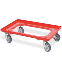 ABS-Kunststoff-Transportroller für 600x400 mm Eurobehälter, rot, 100 mm Gummi-Rad, Deck offen, Tragkraft 250 kg