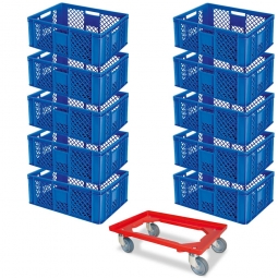 Set mit 10 Euro-Stapelbehältern 600x400x240 mm, blau +GRATIS 1 Transportroller