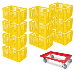Set mit 10 Euro-Stapelbehältern 600x400x320 mm, gelb +GRATIS 1 Transportroller