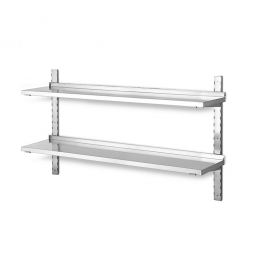Edelstahl-Wandregal mit 2 Böden, BxT 1200x355 mm, Wandschienenhöhe 700 mm, Tragkraft 20 kg / Boden