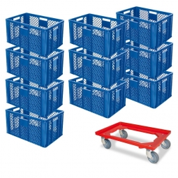 Set mit 10 Euro-Stapelbehältern 600x400x320 mm, blau +GRATIS 1 Transportroller