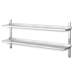 Edelstahl-Wandregal mit 2 Böden, BxT 1400x355 mm, Wandschienenhöhe 700 mm, Tragkraft 20 kg / Boden